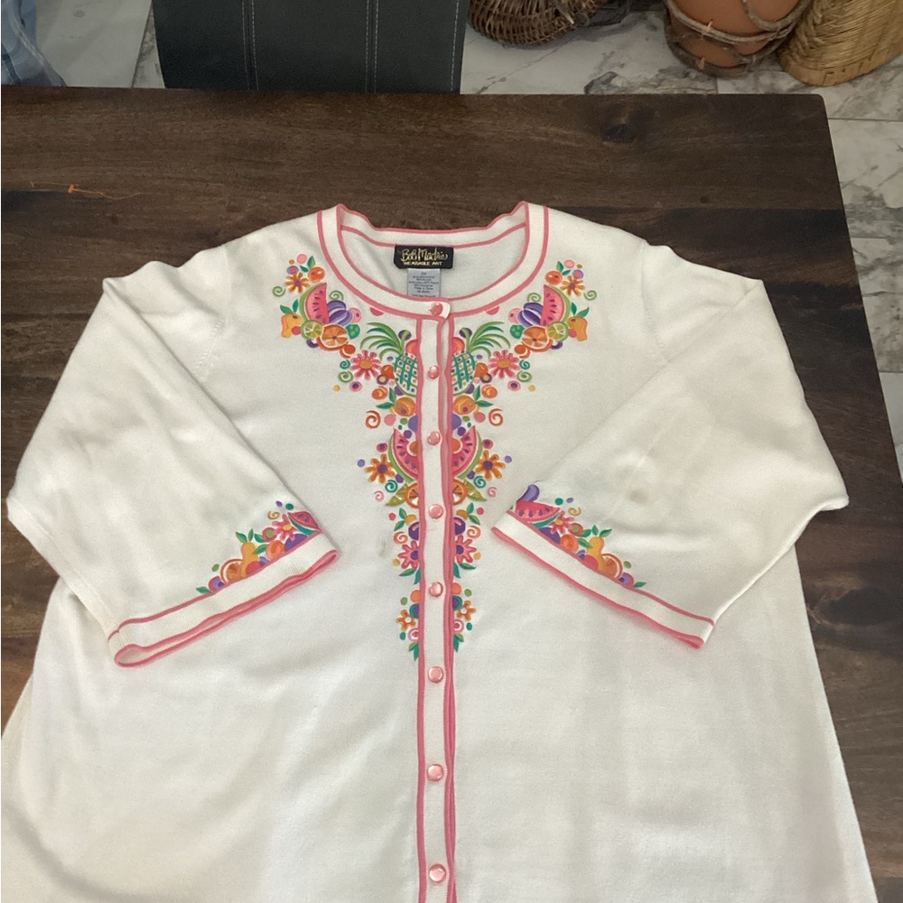 Bob Mackie Embroidered White Cardigan with Pink Trim